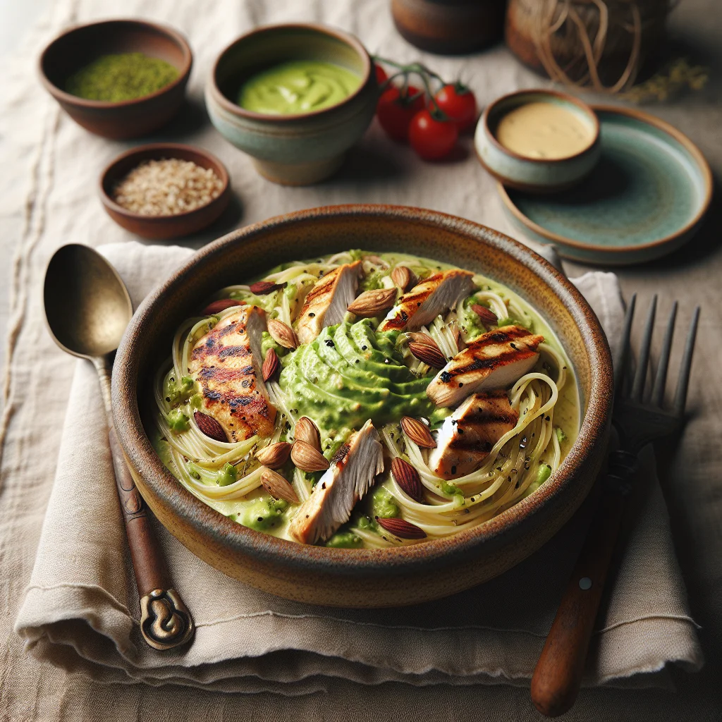 Creamy Avocado Sauce with Grilled Chicken and Whole Wheat Spaghetti