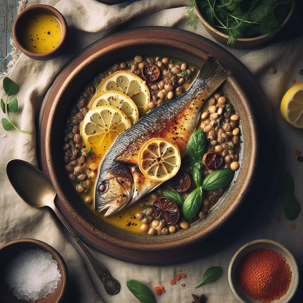 Roasted Seabass with Lemon Butter Sauce and Spiced Lentils