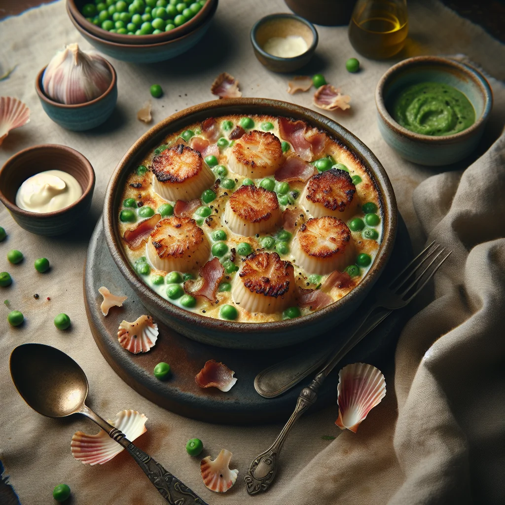 Chef's Special: Gratinated Scallops with Pancetta and Pea Cream