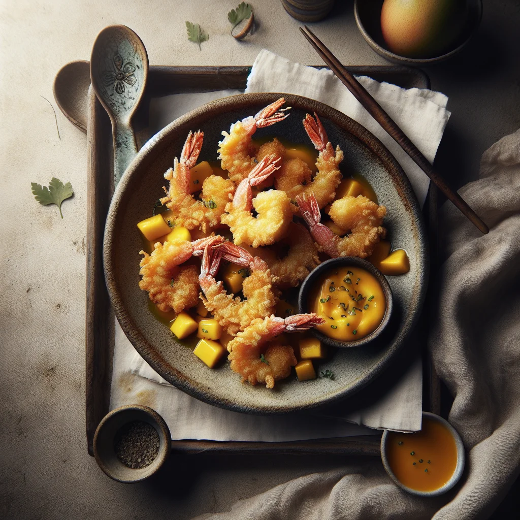 Crocante Camarão Tempura com Molho de Manga Picante