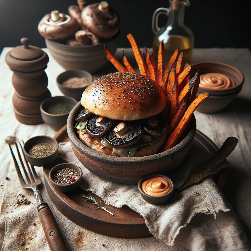 Portobello Burger met Zoete Aardappel Frietjes