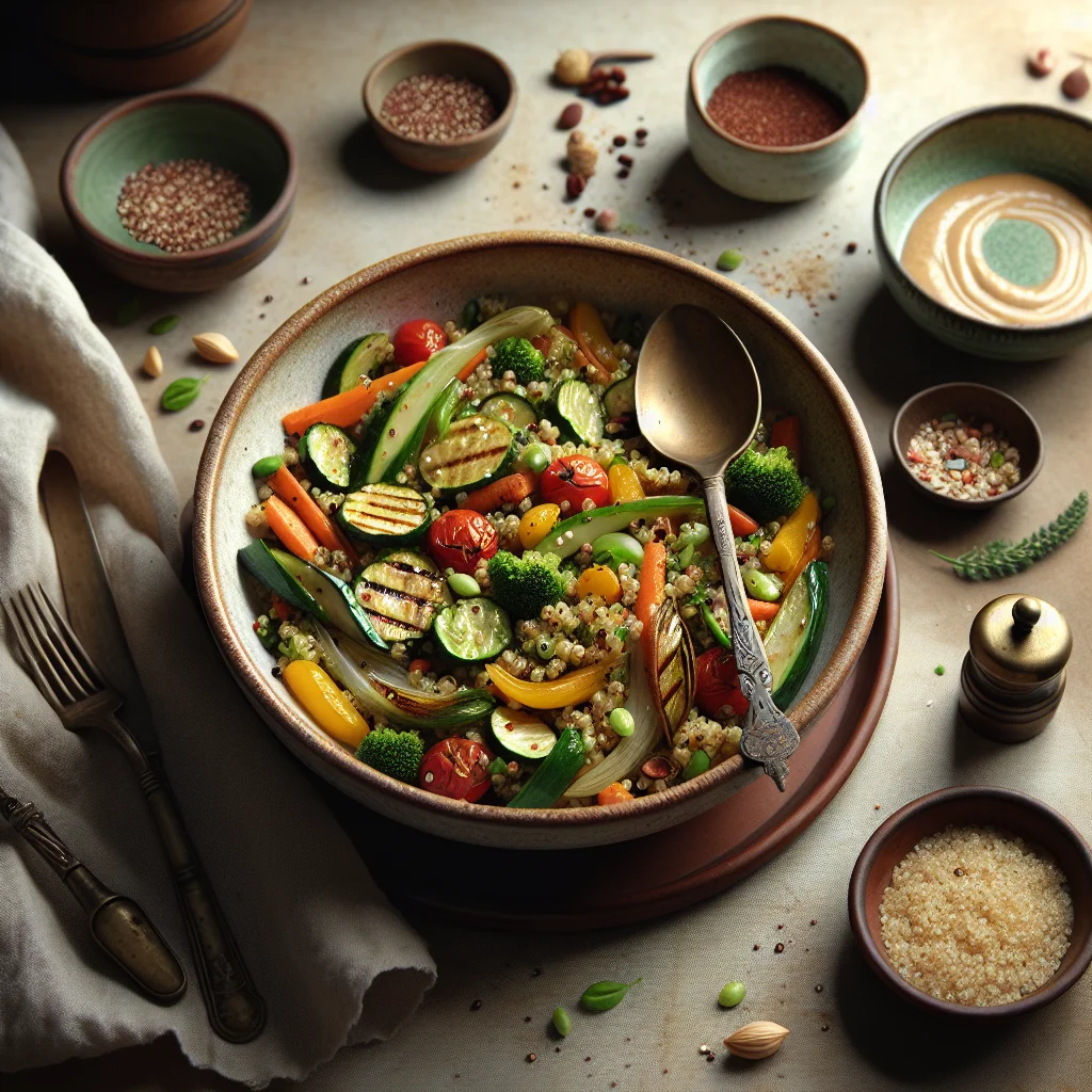 Knapperige Quinoa Salade met Gegrilde Groenten en Tahini Dressing