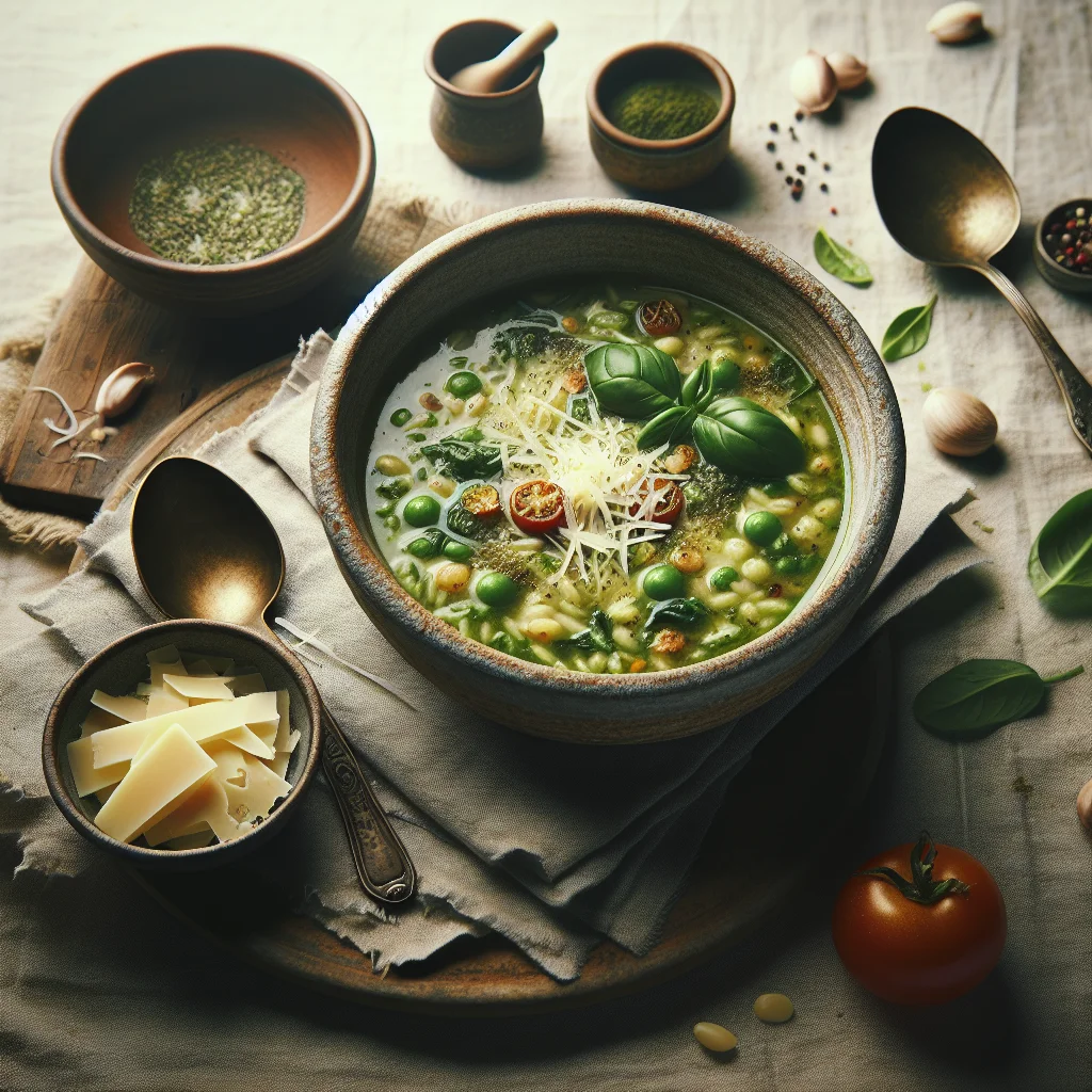 Italienische Minestrone Suppe mit Pesto und Parmesan