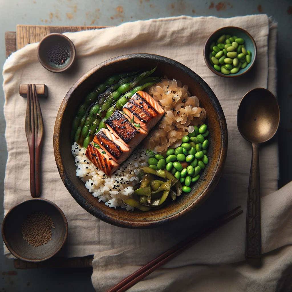 Especial do Chef: Salmão Teriyaki Japonês com Edamame e Arroz de Sushi