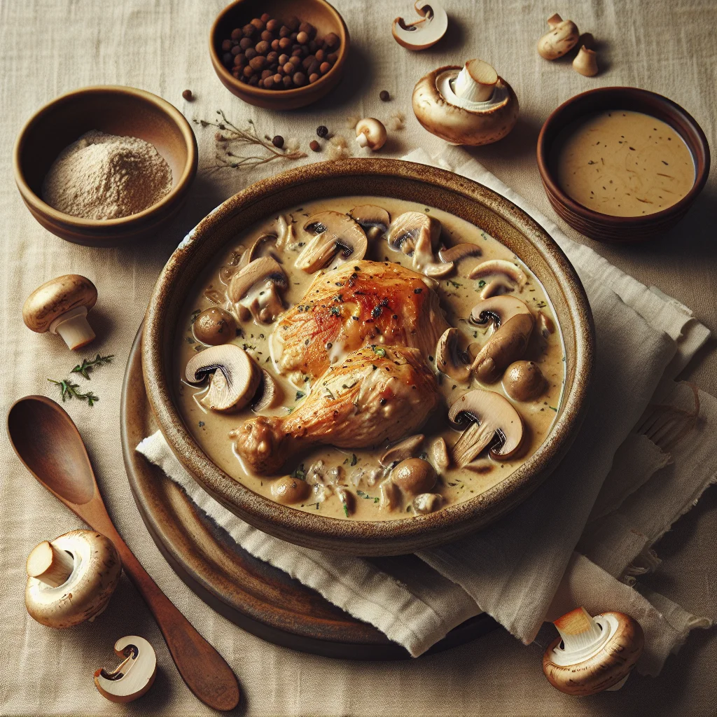 Frango estufado em molho cremoso de cogumelos