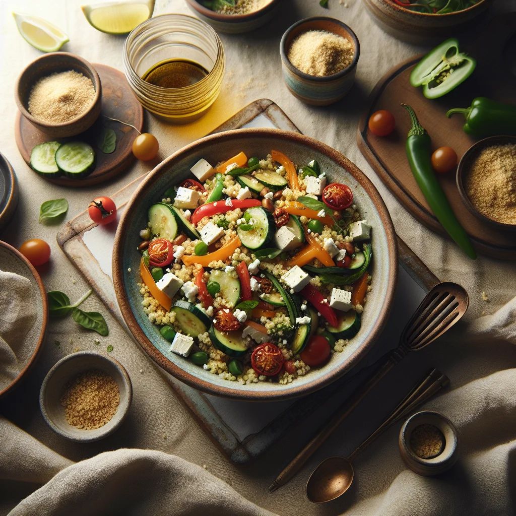 Salada de couscous fresca com legumes grelhados e queijo feta