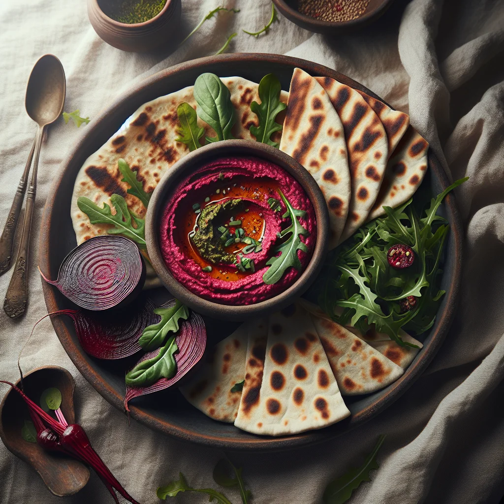 Especial do Chef: Hummus de Beterraba Assada com Rúcula Picante e Pão Sírio