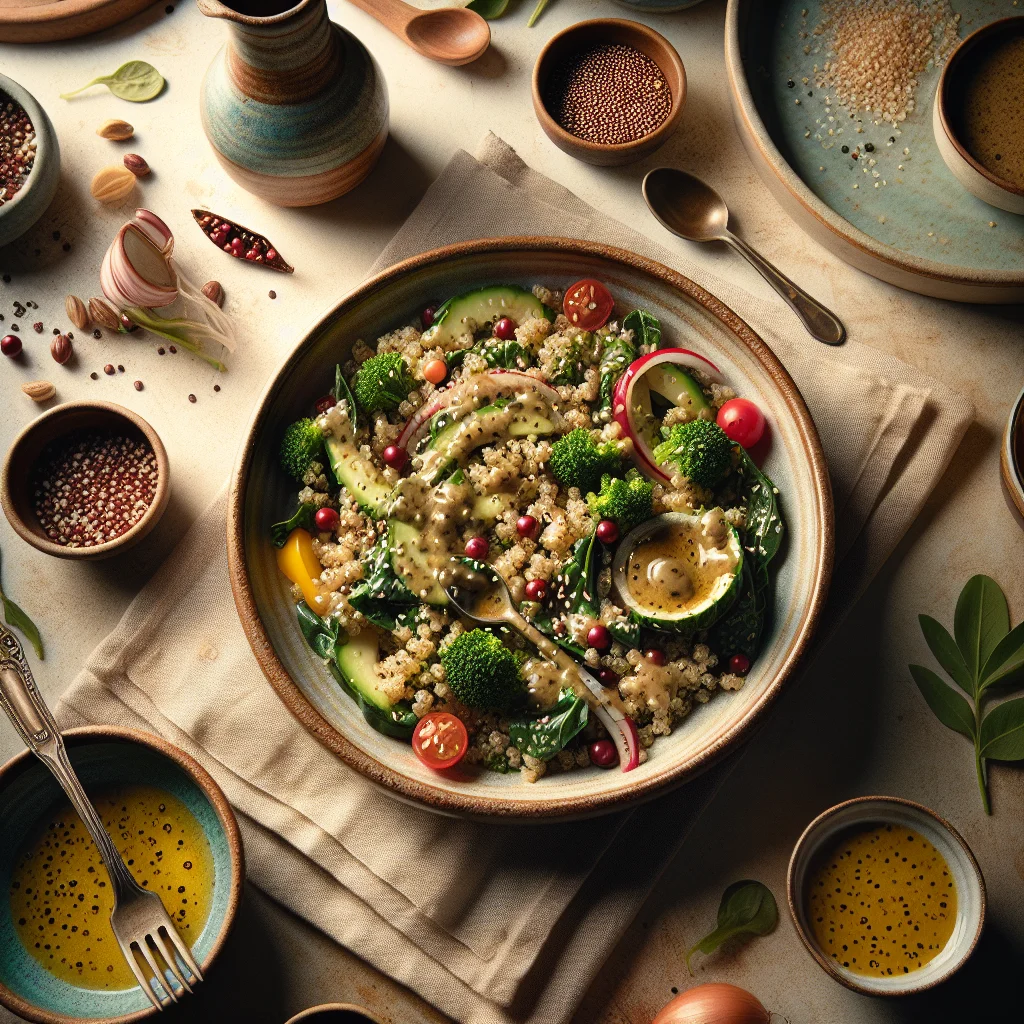 Salada de Quinoa Saudável com Molho de Gengibre Caseiro