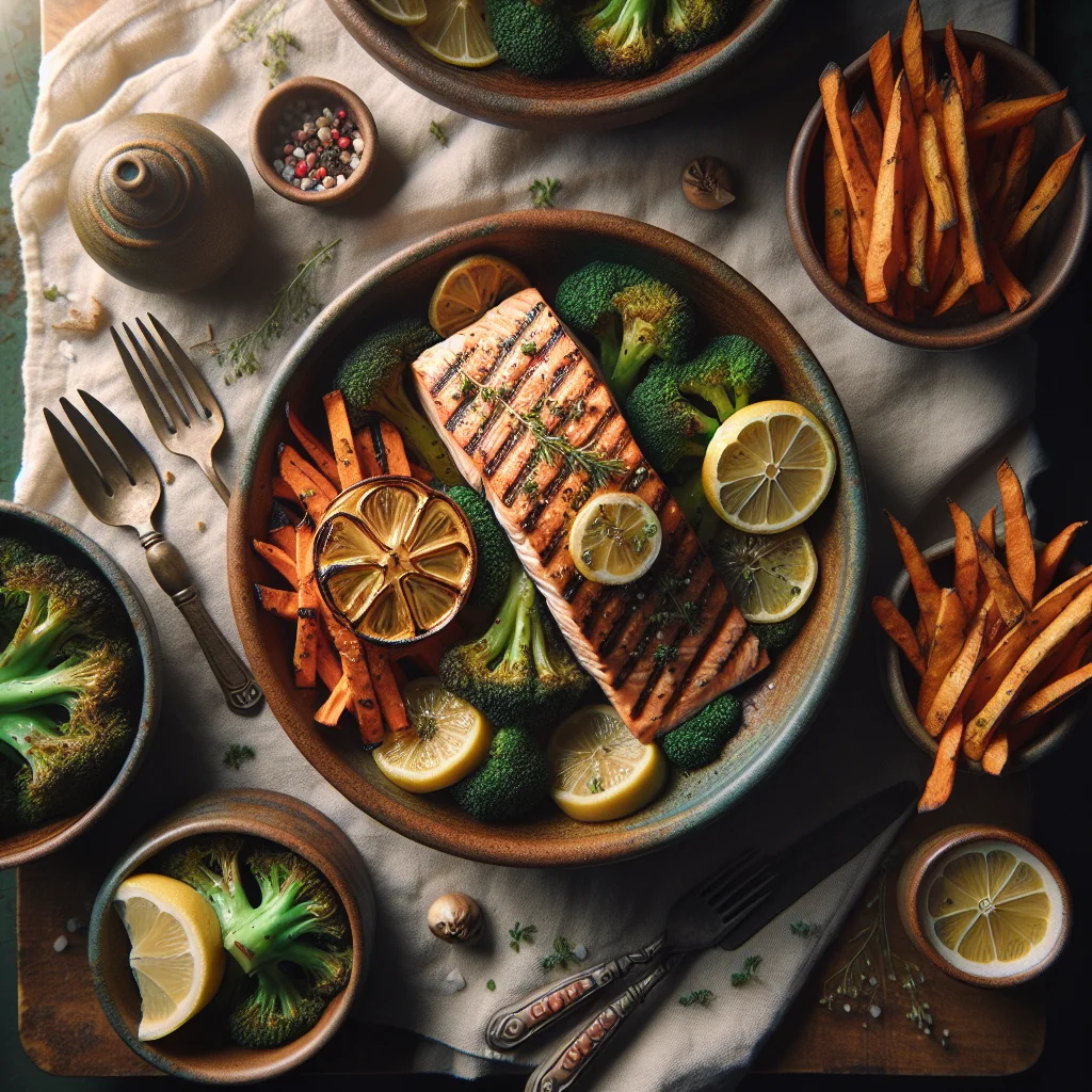 Salmão Grelhado com Brócolis de Alho e Limão e Batatas Doces Fritas