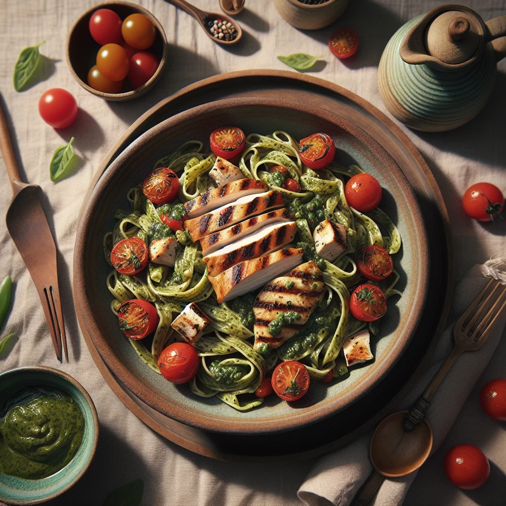 Green Pesto Pasta with Grilled Chicken and Cherry Tomatoes