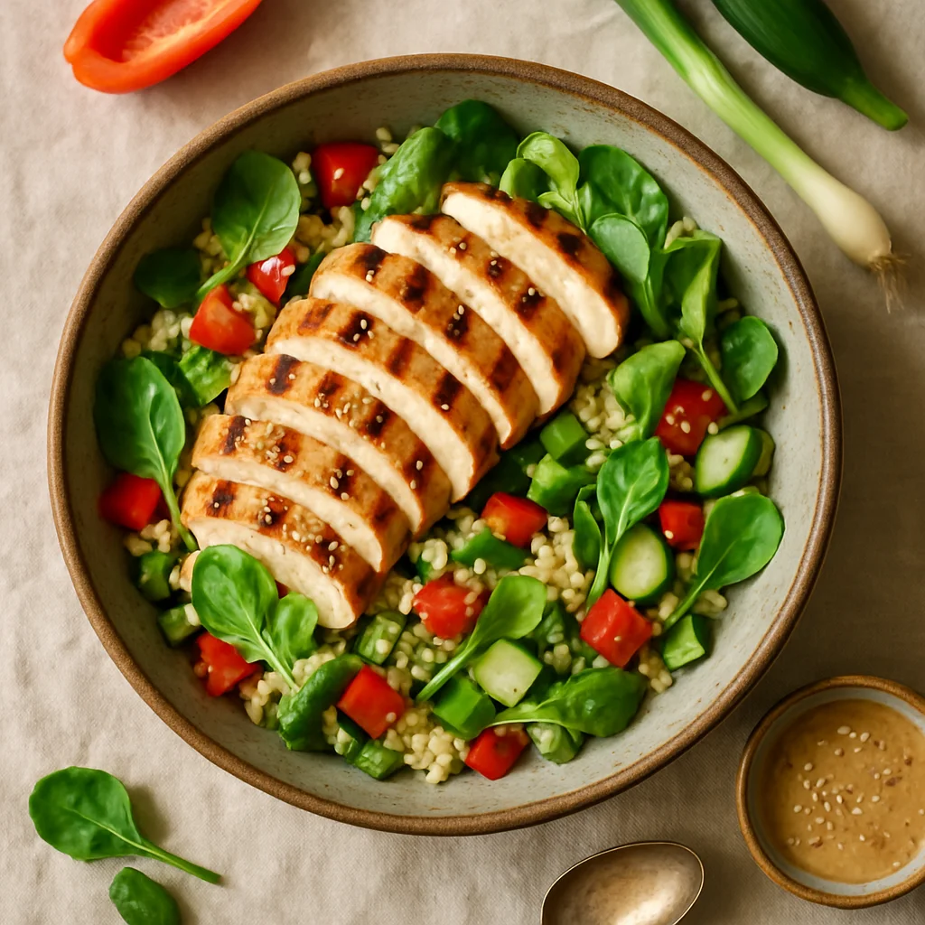 Knapperige Rijstsalade met Gegrilde Kip en Sesamdressing
