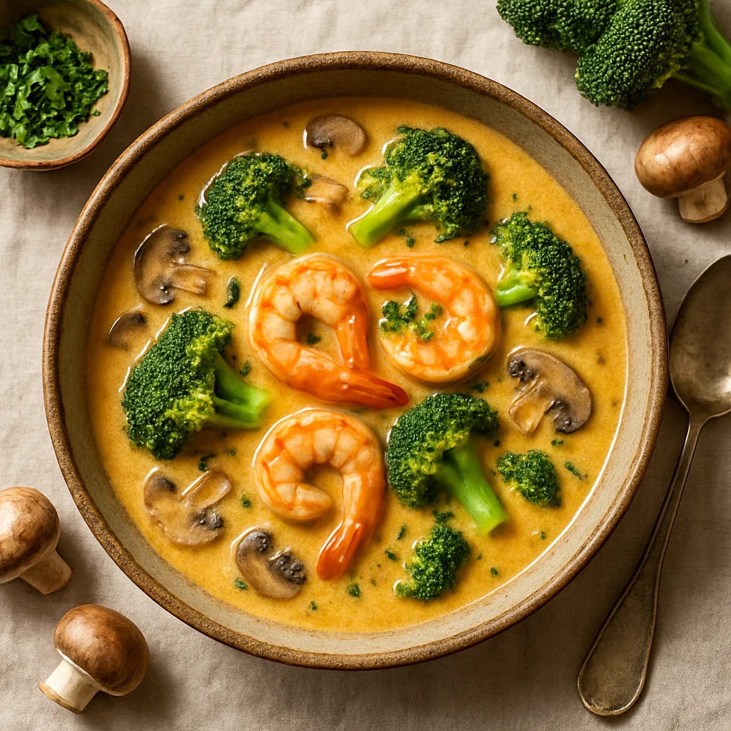 Especial do Chef: Sopa Cremosa de Coco e Curry com Camarão e Brócolis