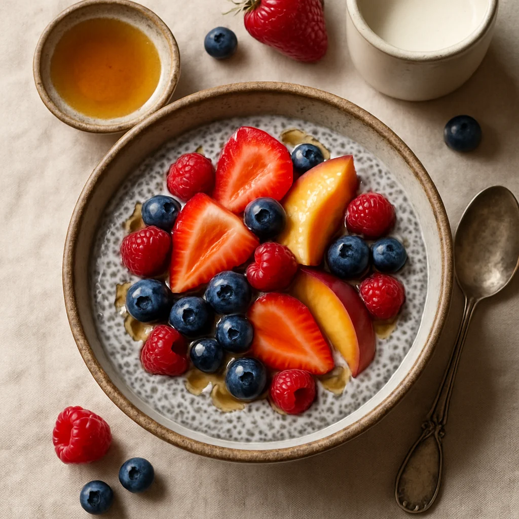 Pudim de Chia Frutado com Frutas da Estação e Mel