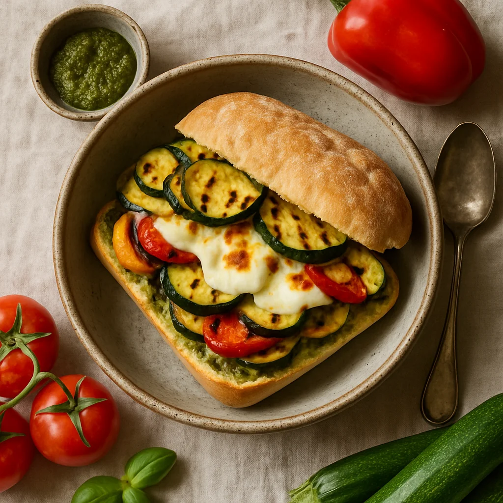 Mediterranean Ciabatta with Grilled Vegetables and Mozzarella