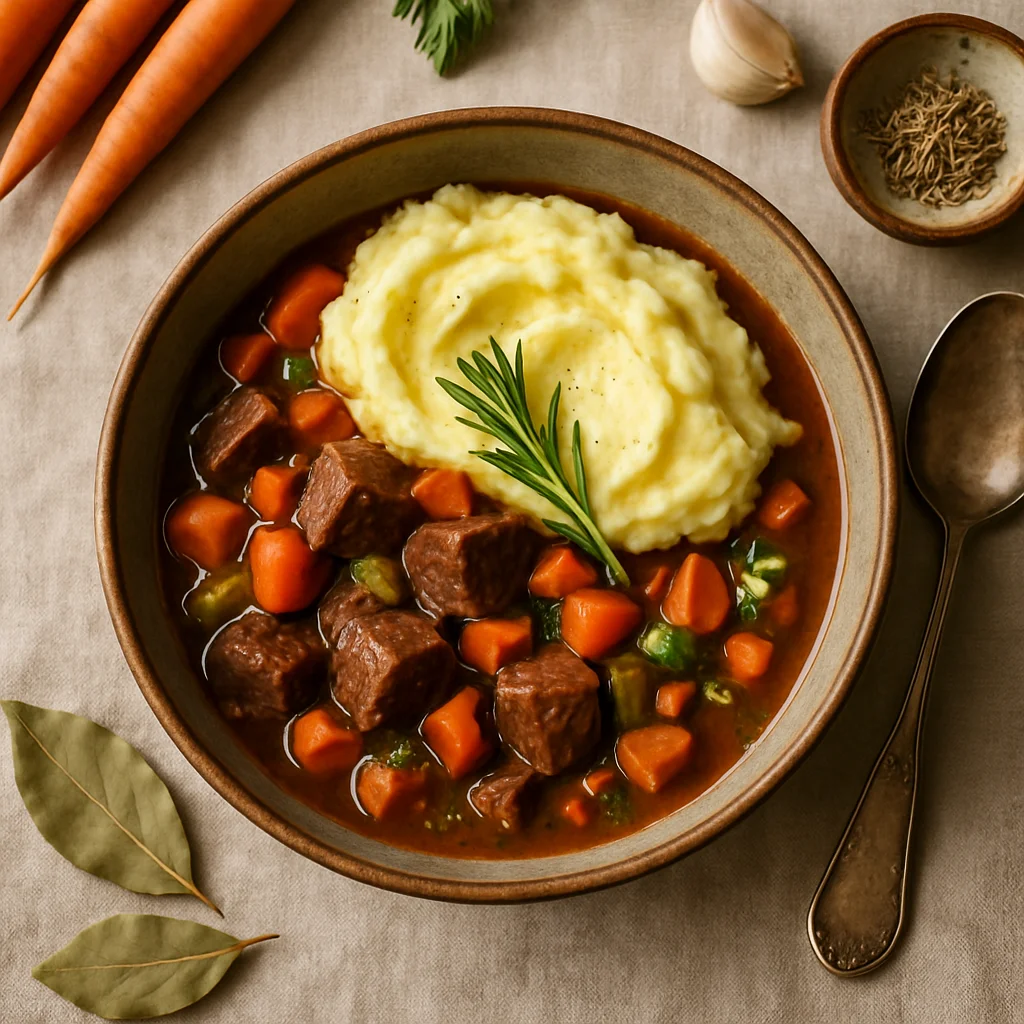 Beef Stew with Fresh Vegetables and Spicy Mashed Potatoes