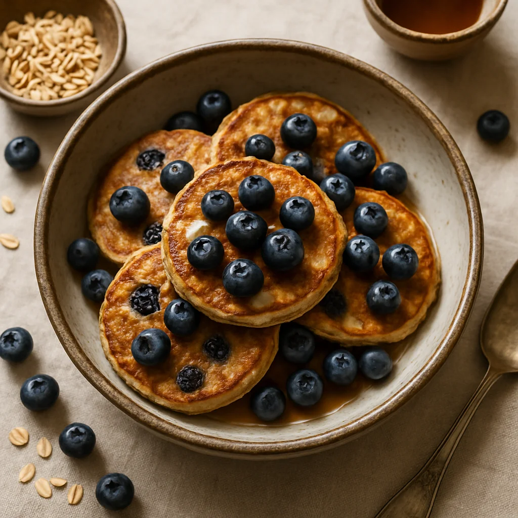 Delicious Oatmeal Pancakes with Blueberries and Maple Syrup