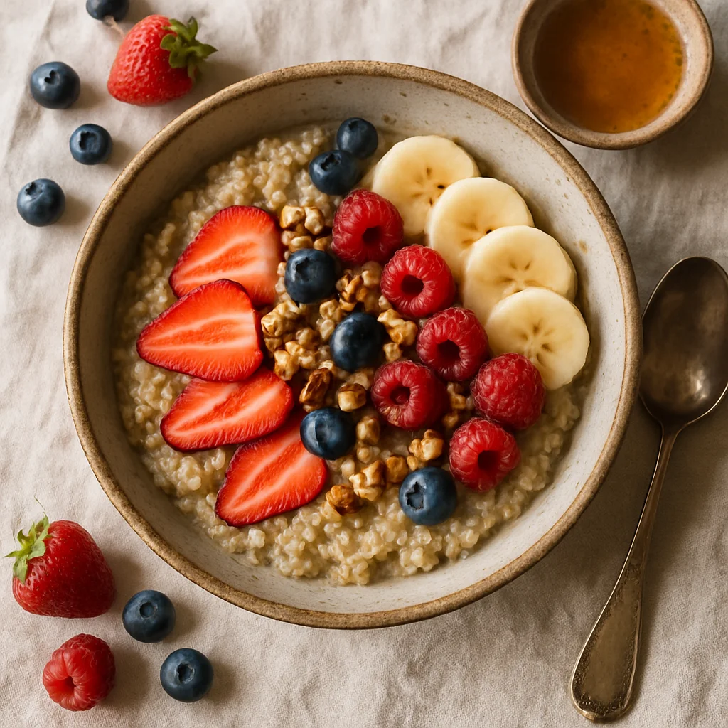 Frühstück Quinoa mit frischem Obst und Nüssen