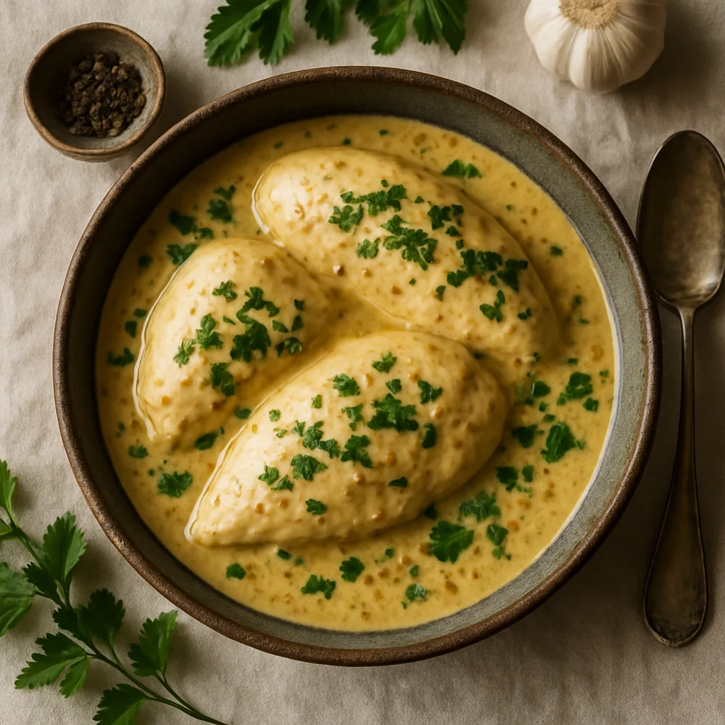Frango Cozido com Molho de Mostarda Cremosa