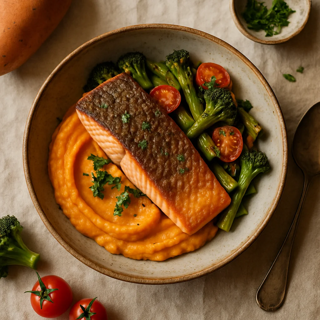 Chef's Special: Knapperige Zalm met Zoete Aardappelpuree en Geroosterde Groenten