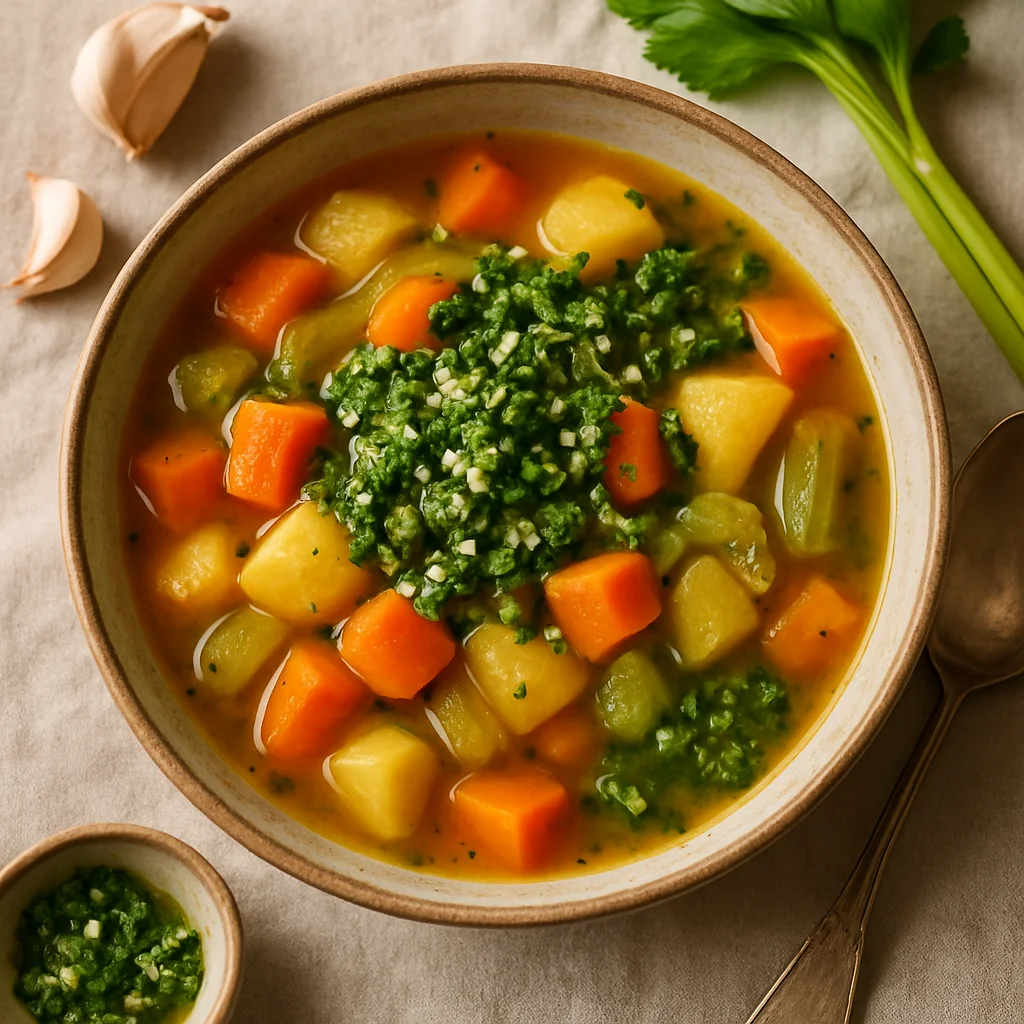 Vega Lenteeintopf mit Gemüse und Kräuterdressing