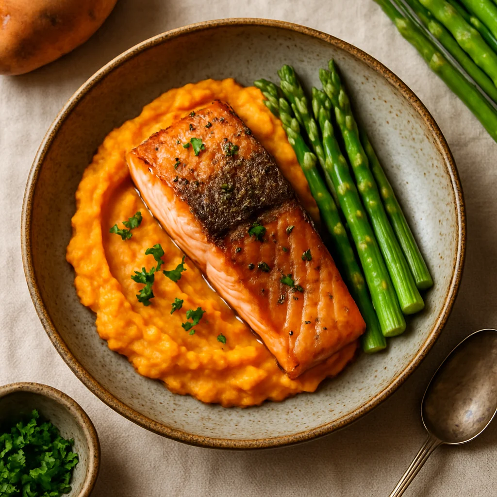 Especial do Chef: File de Salmão Crocante com Purê de Batata Doce e Espargos Verdes