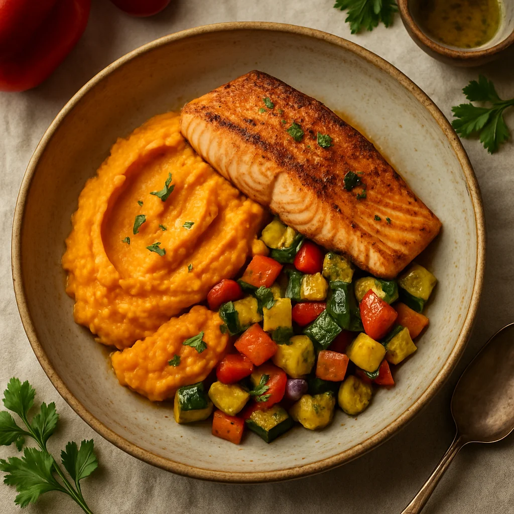 Salmon Fillet with Roasted Vegetables and Sweet Potato Puree