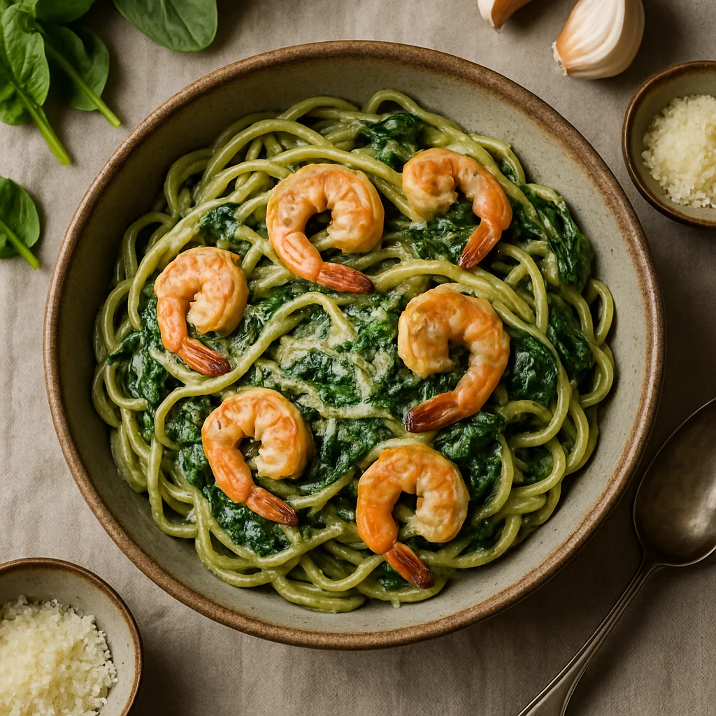 Generous Portion Spinach Pasta with Garlic Shrimp