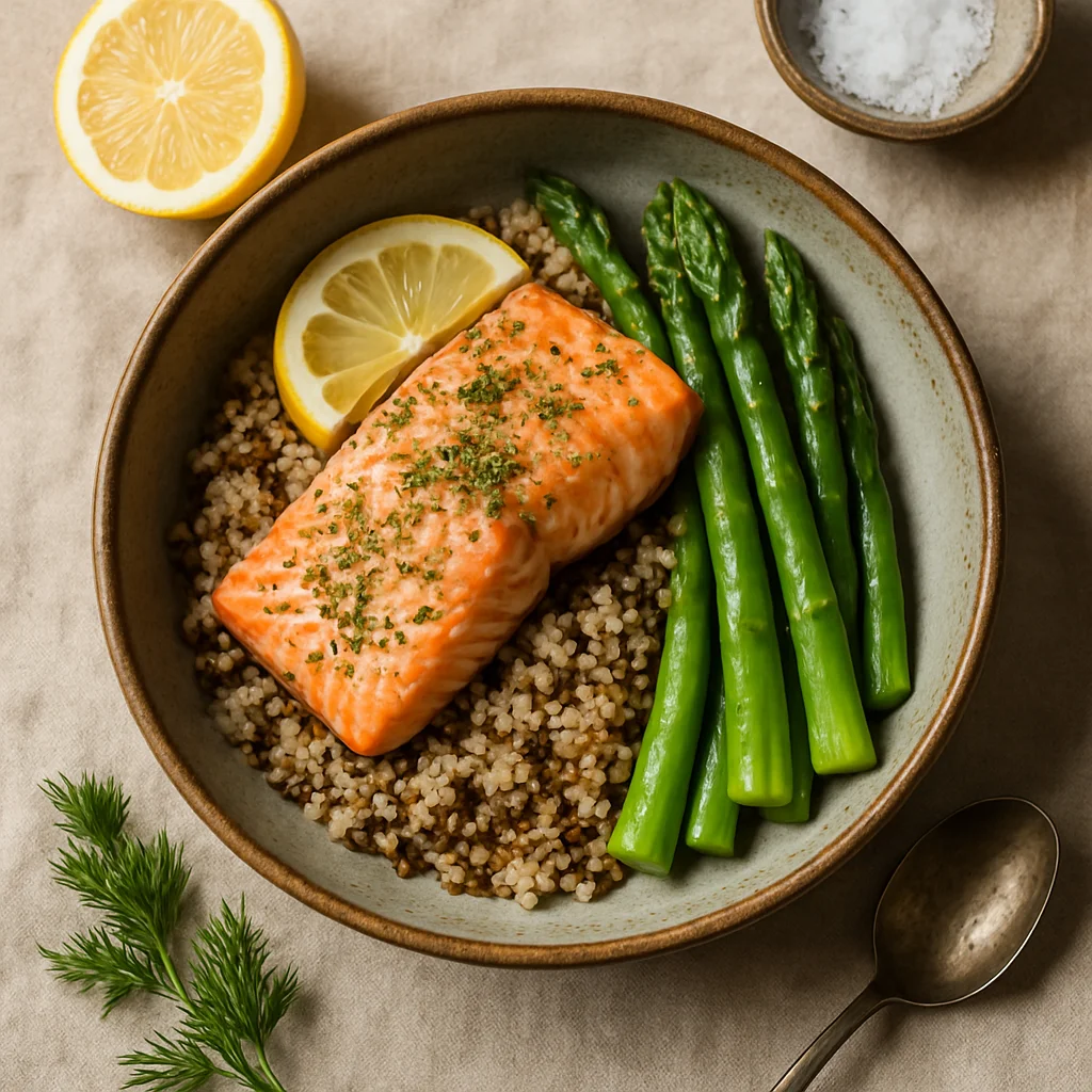 Healthy Salmon Fillet on a Bed of Quinoa and Green Asparagus