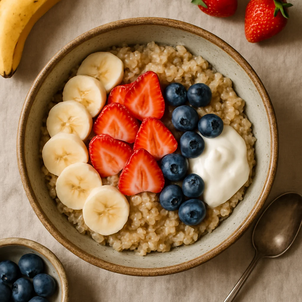 Leckere Quinoa-Frühstücksschale mit frischem Obst