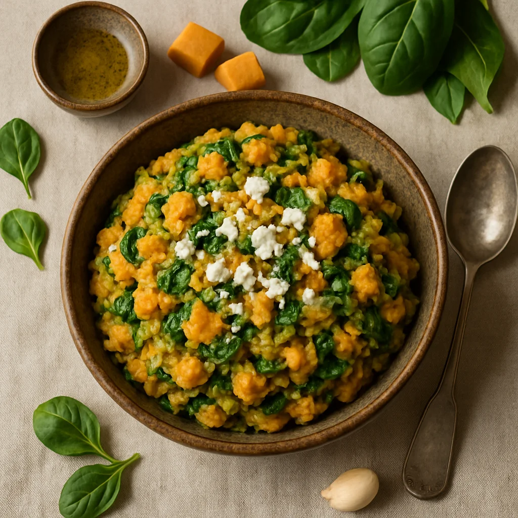 Frische Vega Frühlingsstampfkartoffel mit Süßkartoffel und Spinat