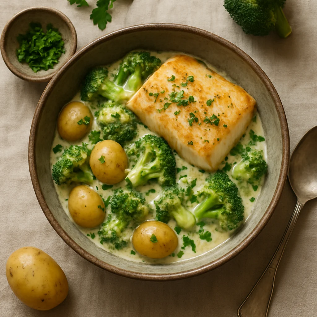Gebackener Kabeljau mit Cremigem Brokkoli und Neuen Kartoffeln