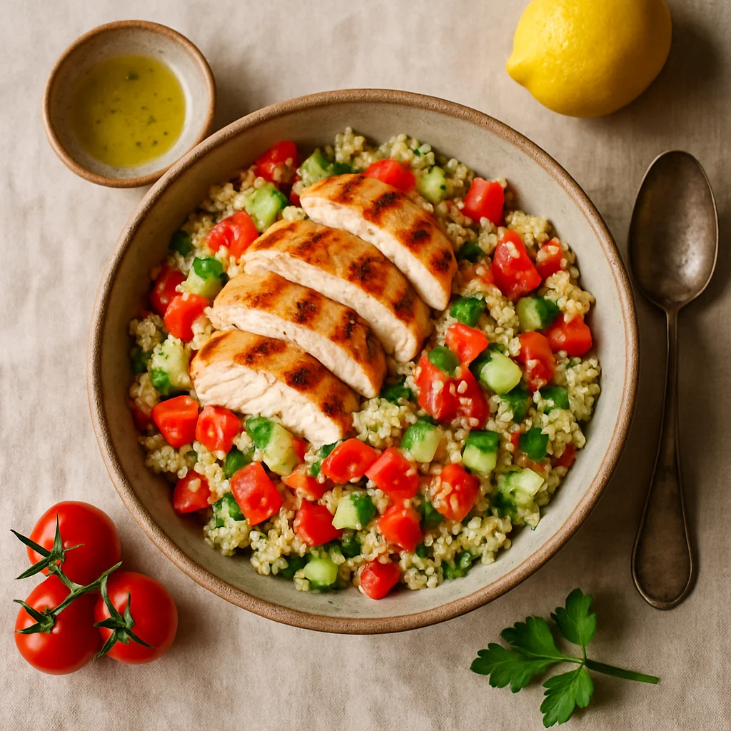 Salada de Couscous de Frango Refrescante com Molho de Limão