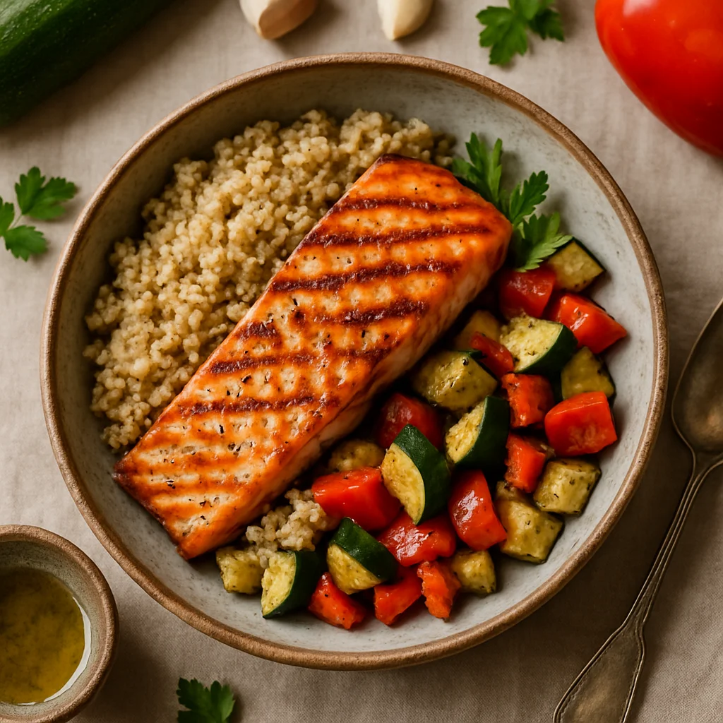Salmão Grelhado com Quinoa e Legumes Assados