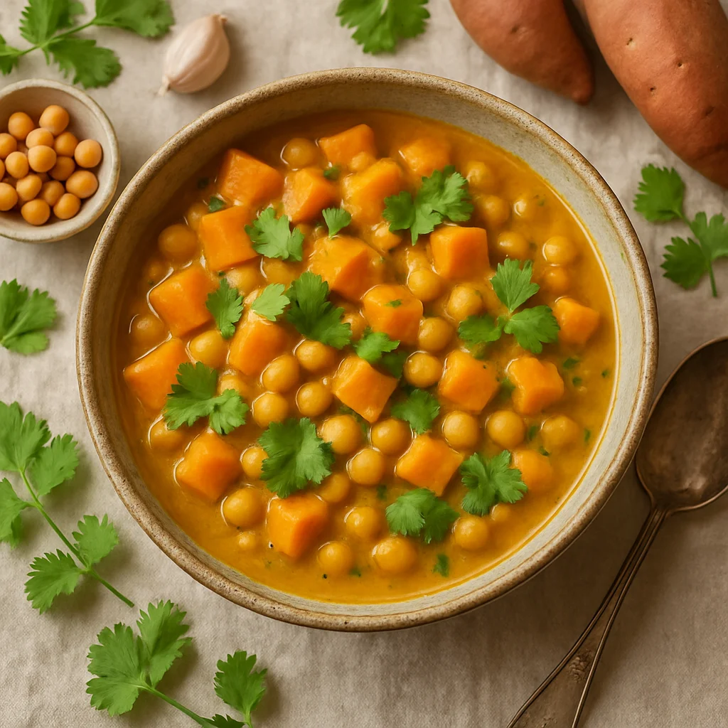 Smaakvolle Vega Curry met Zoete Aardappel en Kikkererwten
