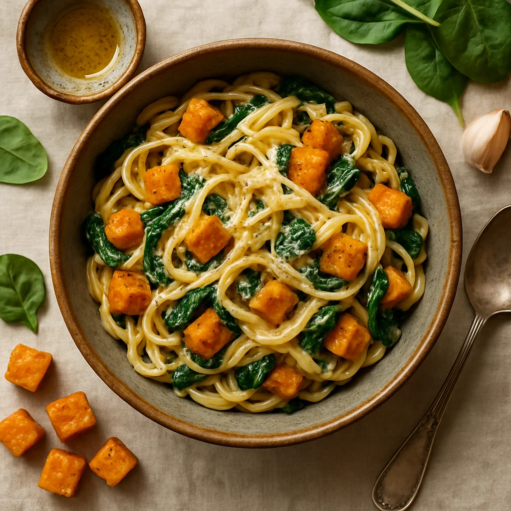 Cremige Pasta mit Geröstetem Kürbis und Spinat