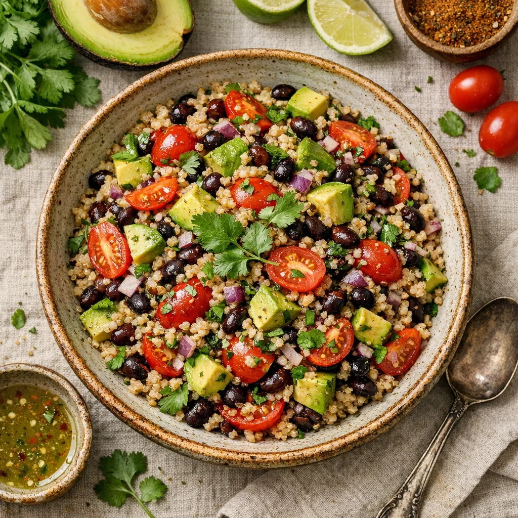 Vega Tex-Mex Quinoa Salat mit Avocado und Schwarzen Bohnen