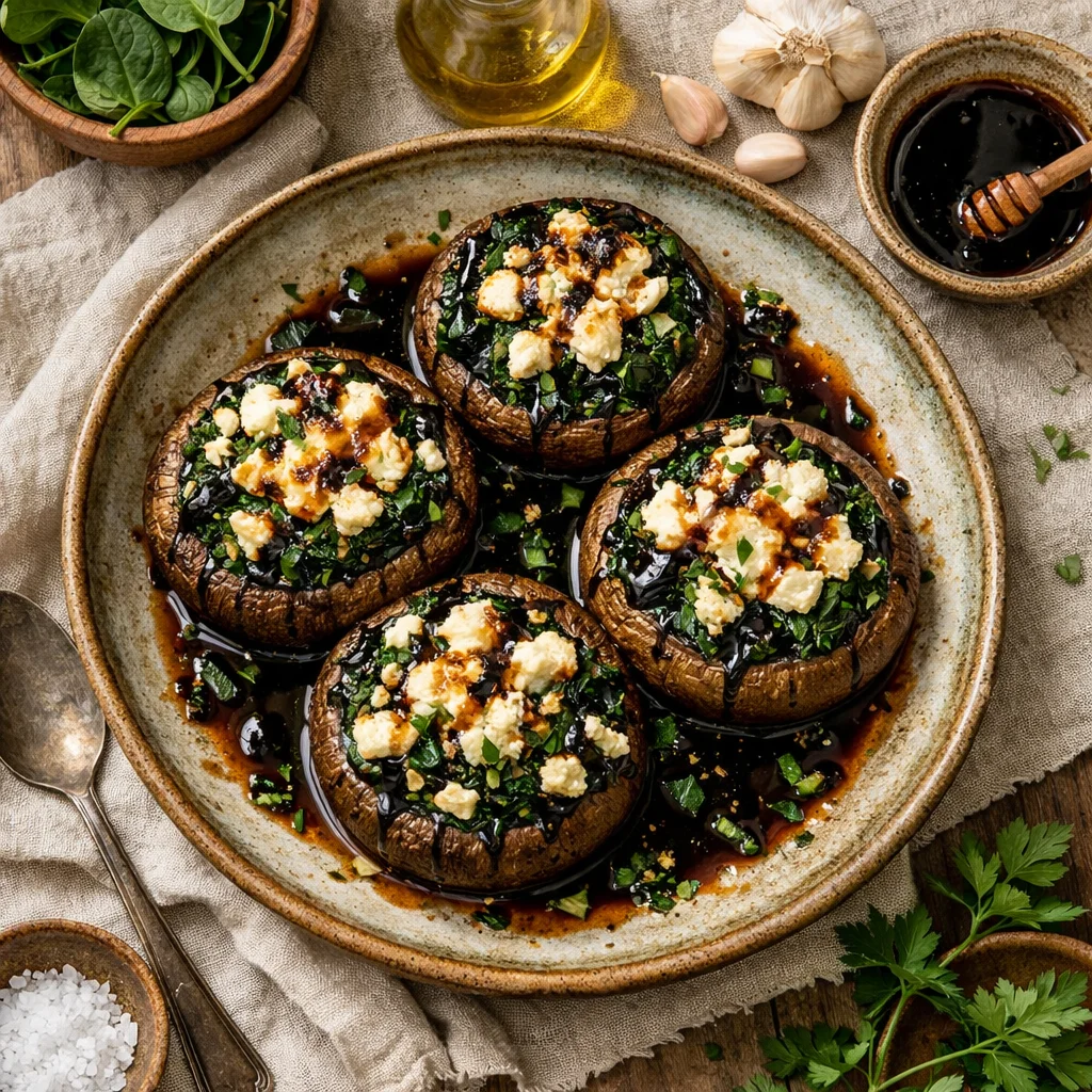 Gevulde Portobello Champignons met Geitenkaas en Spinazie