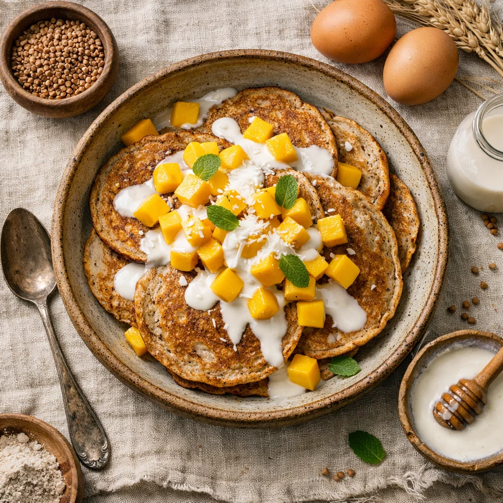 Boekweitpannenkoekjes met Mango en Kokossaus