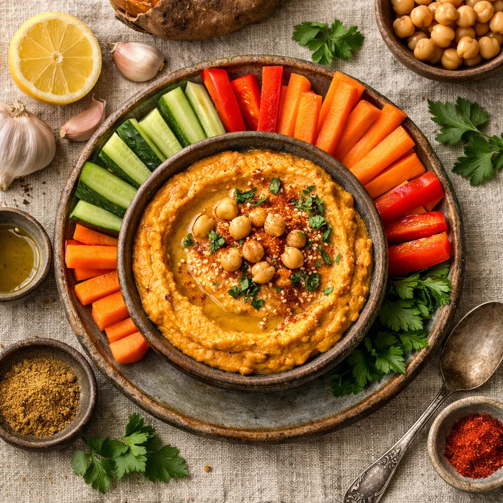 Pittige Zoete Aardappel Hummus met Knapperige Groenten