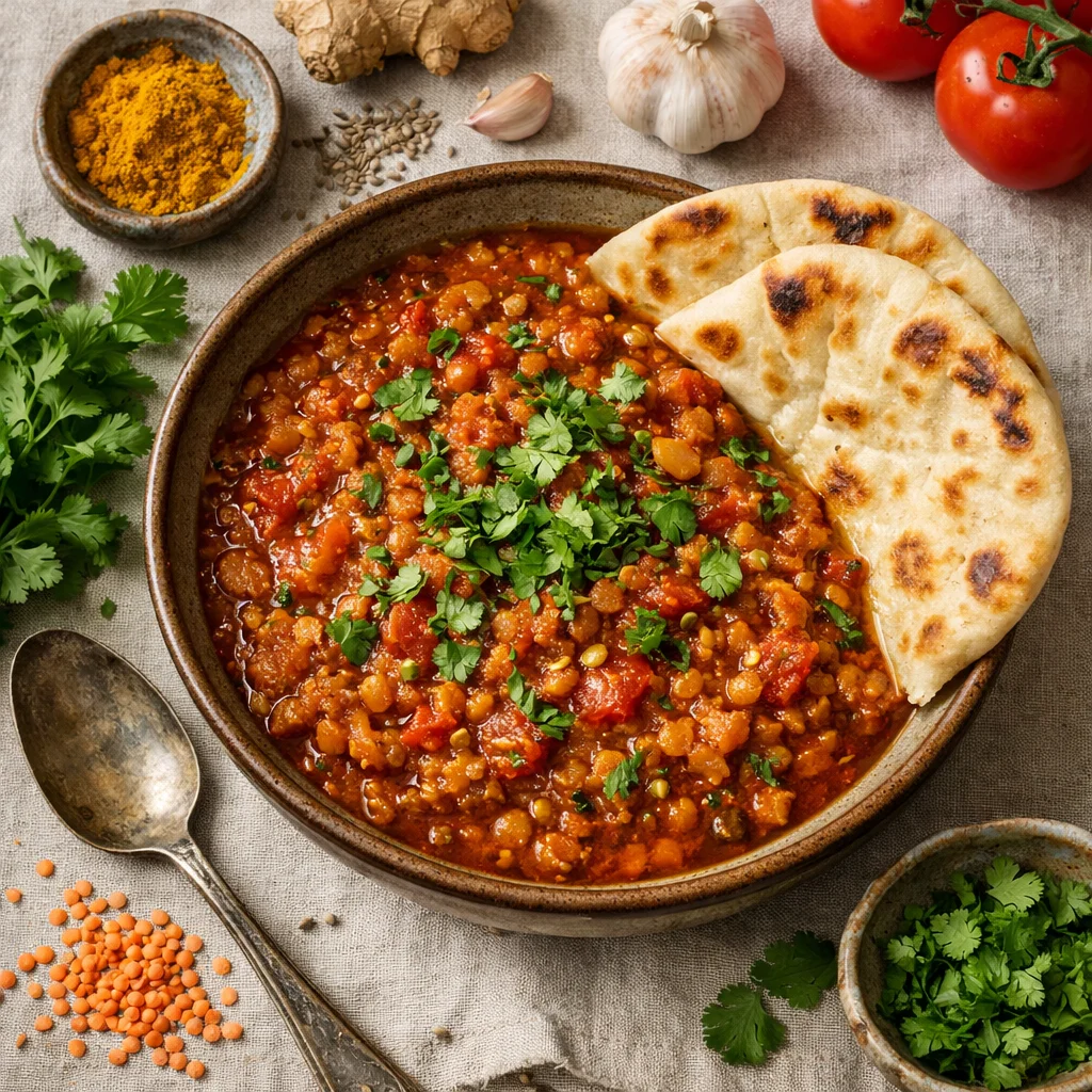Kruidige Linzenstoof met Naanbrood