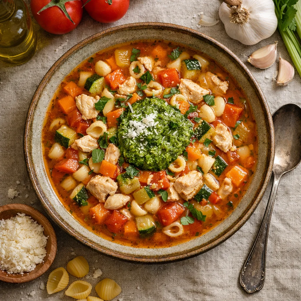 Gezonde Italiaanse Minestronesoep met Kip en Pesto