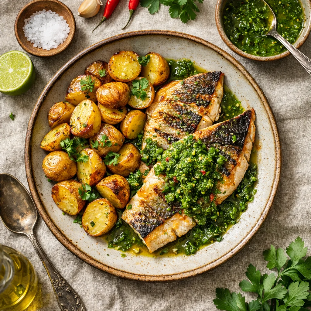 Chef's Special: Gegrilde Zeebaars met Knapperige Aardappels en Groene Salsa