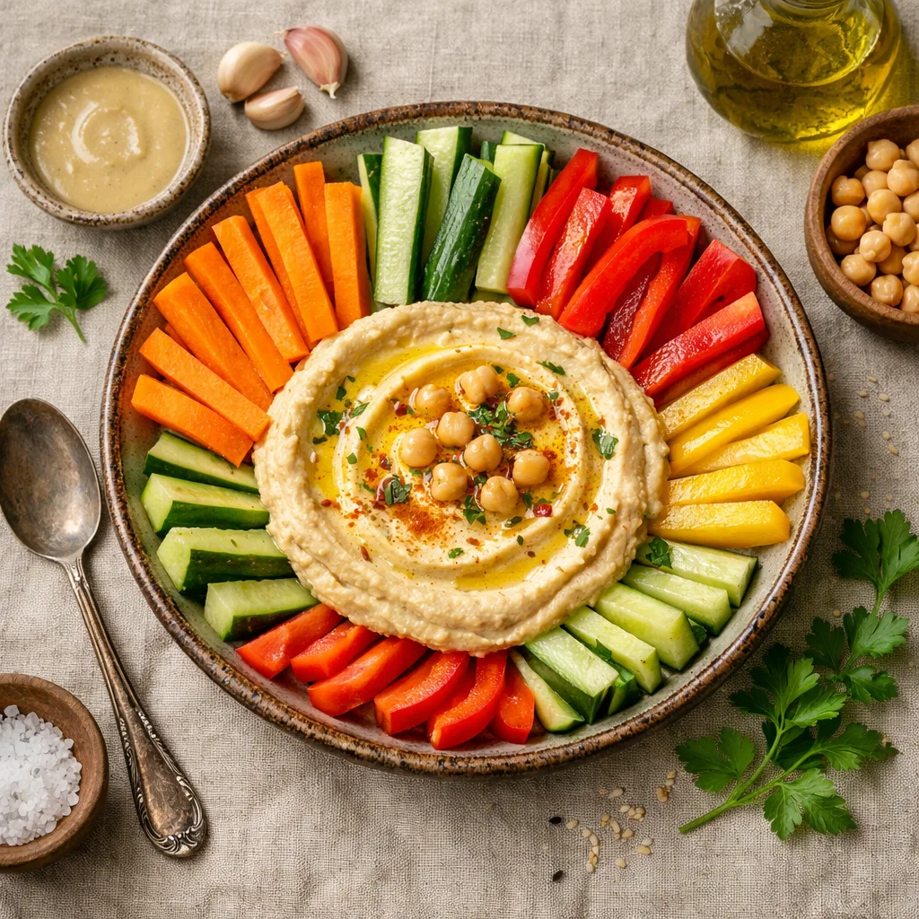 Gezonde hummus met knapperige groentesticks
