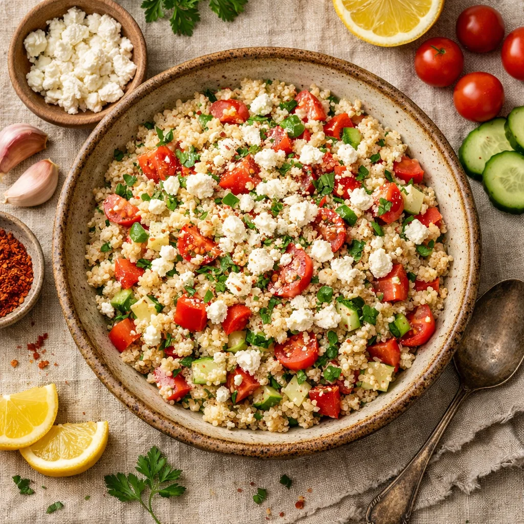 Gezonde Quinoa salade met pittige yoghurt dressing