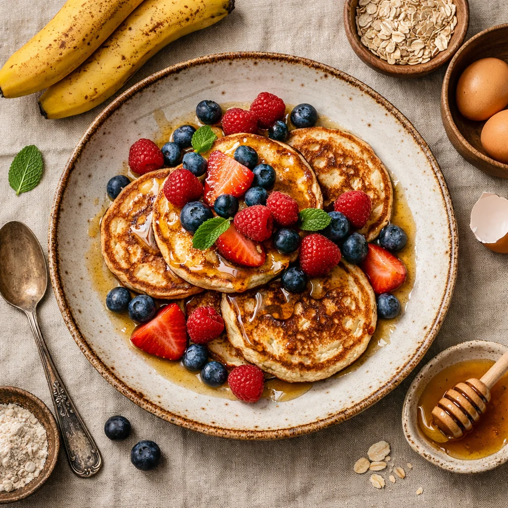 Energieke Bananenpannenkoeken met Honing en Verse Bessen