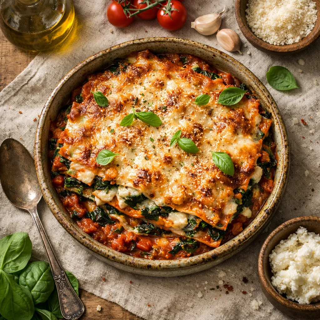 Gezonde Italiaanse lasagne met spinazie en ricotta