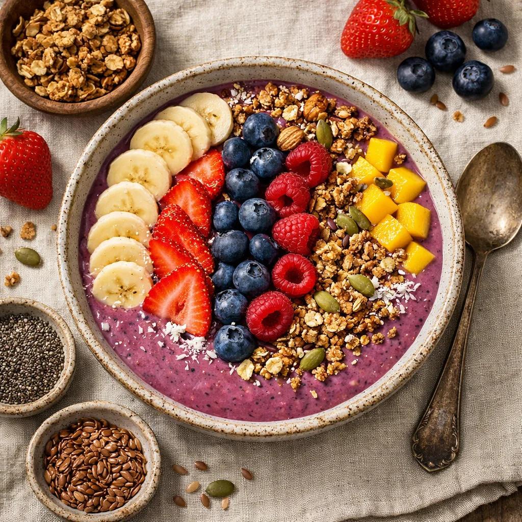 Zonnige smoothiebowl met vers fruit en granola