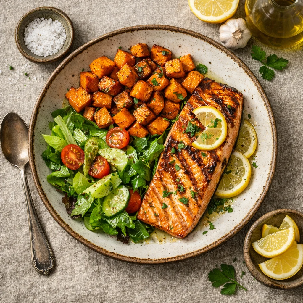 Sappige Zalmfilet met Geroosterde Zoete Aardappel en Verse Groene Salade