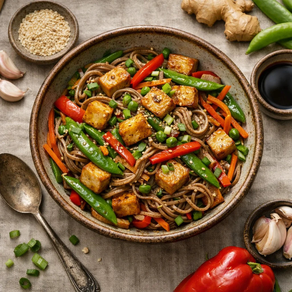 Buntes Veggie Wok mit Tofu und Soba Nudeln