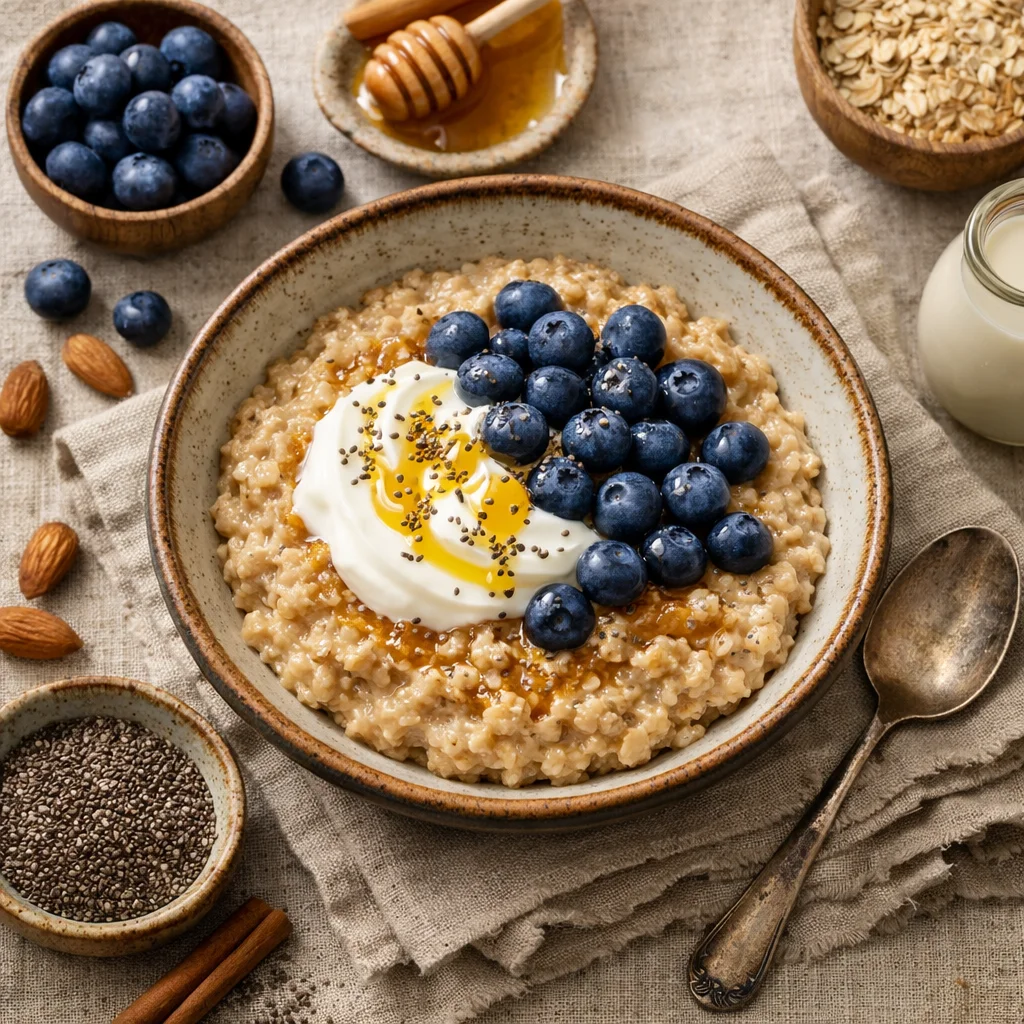 Gezond havermout ontbijt met blauwe bessen en Griekse yoghurt